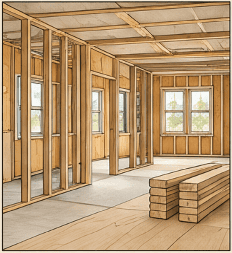 Framed interior during whole-home rehabilitation