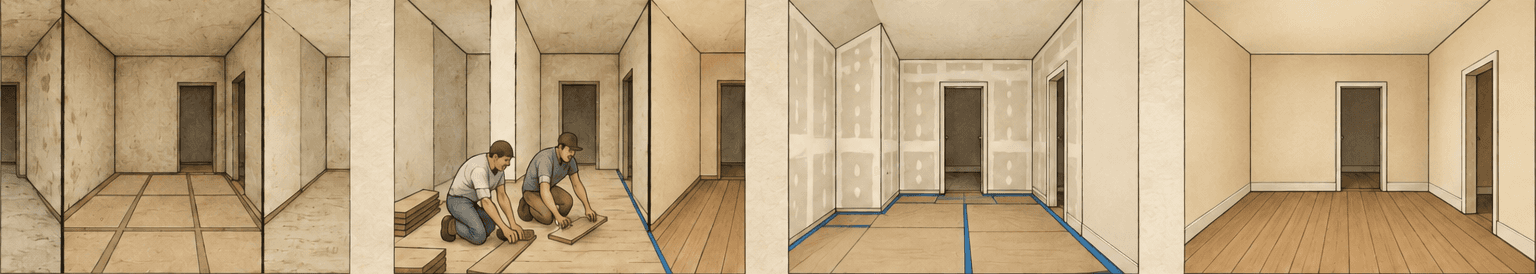 Illustrated project stages from initial condition to finished room