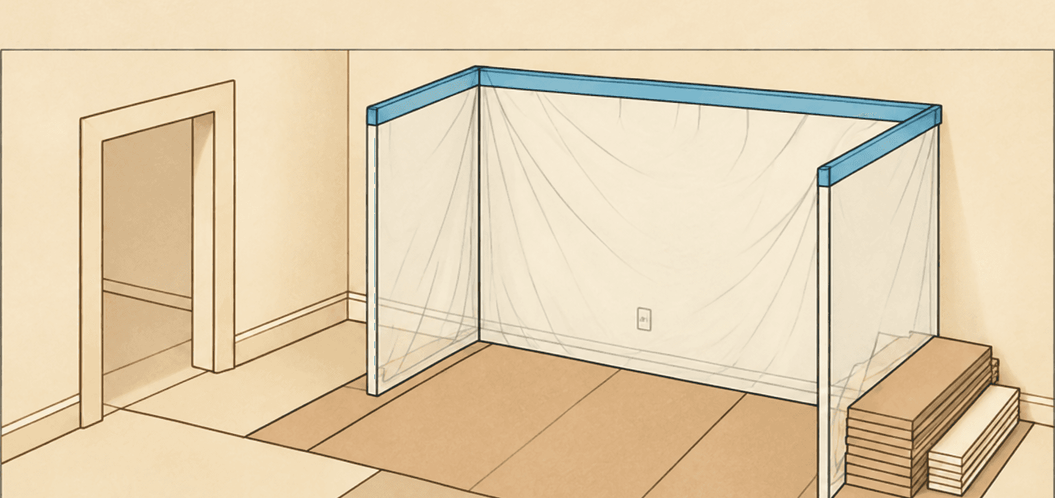 Illustration of an interior work area enclosed with protective sheeting