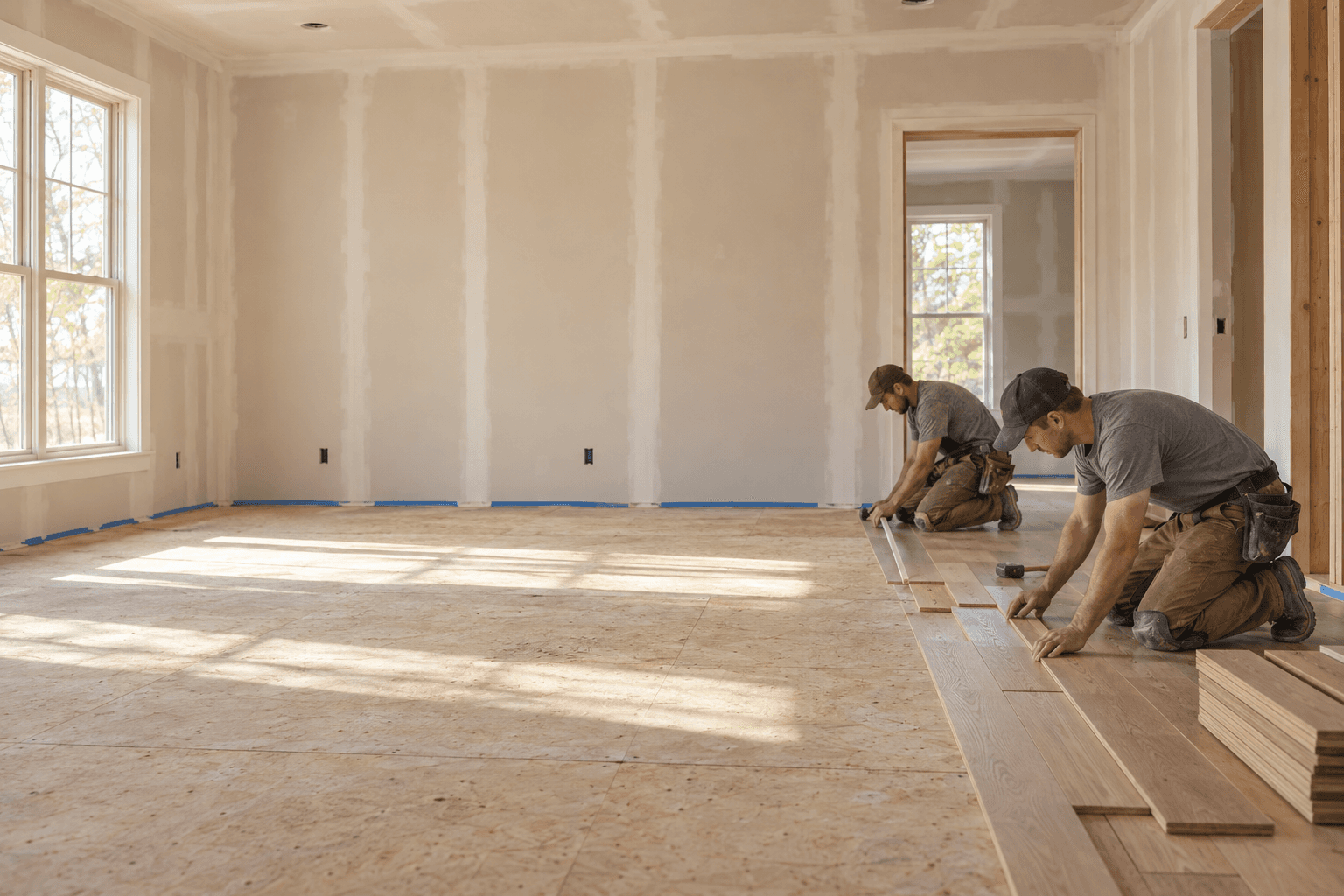 Workers installing flooring in a room being finished