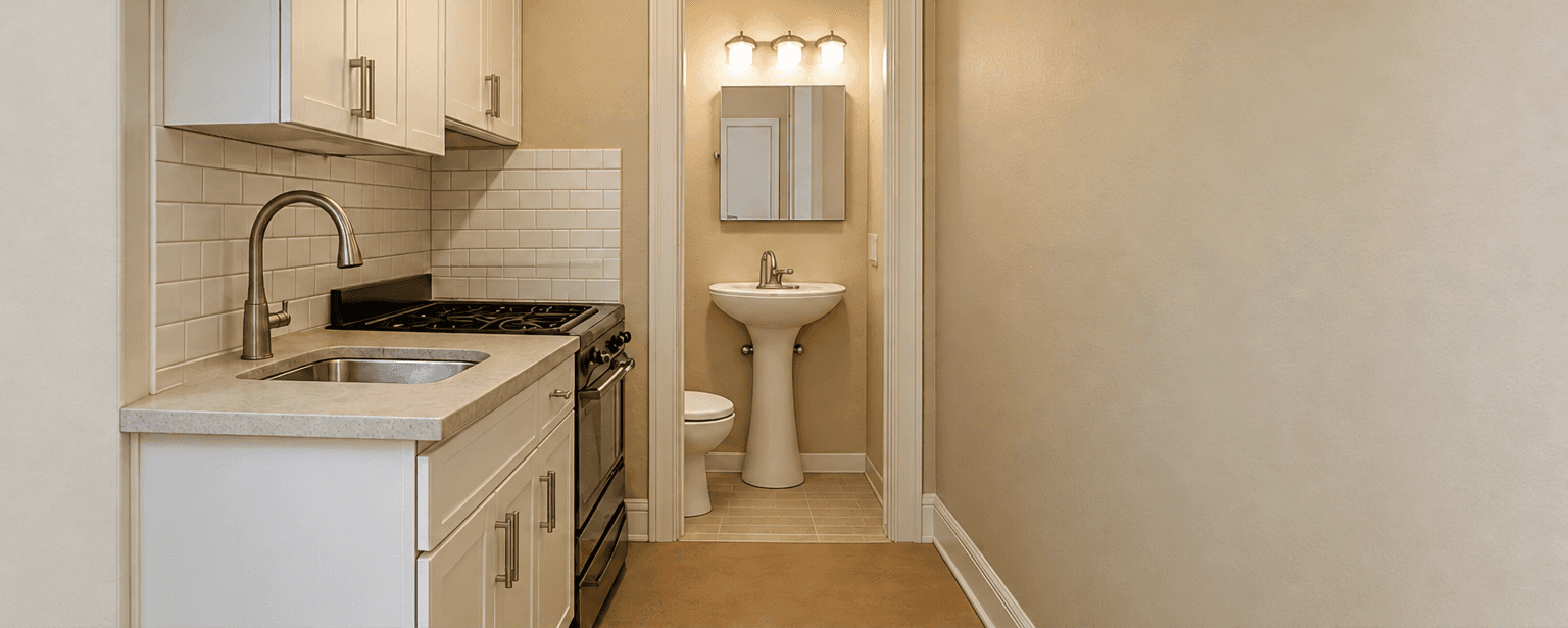 Compact kitchen leading to a bathroom and adjoining repair area