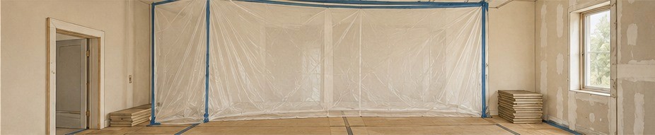 Interior work area protected with clear sheeting