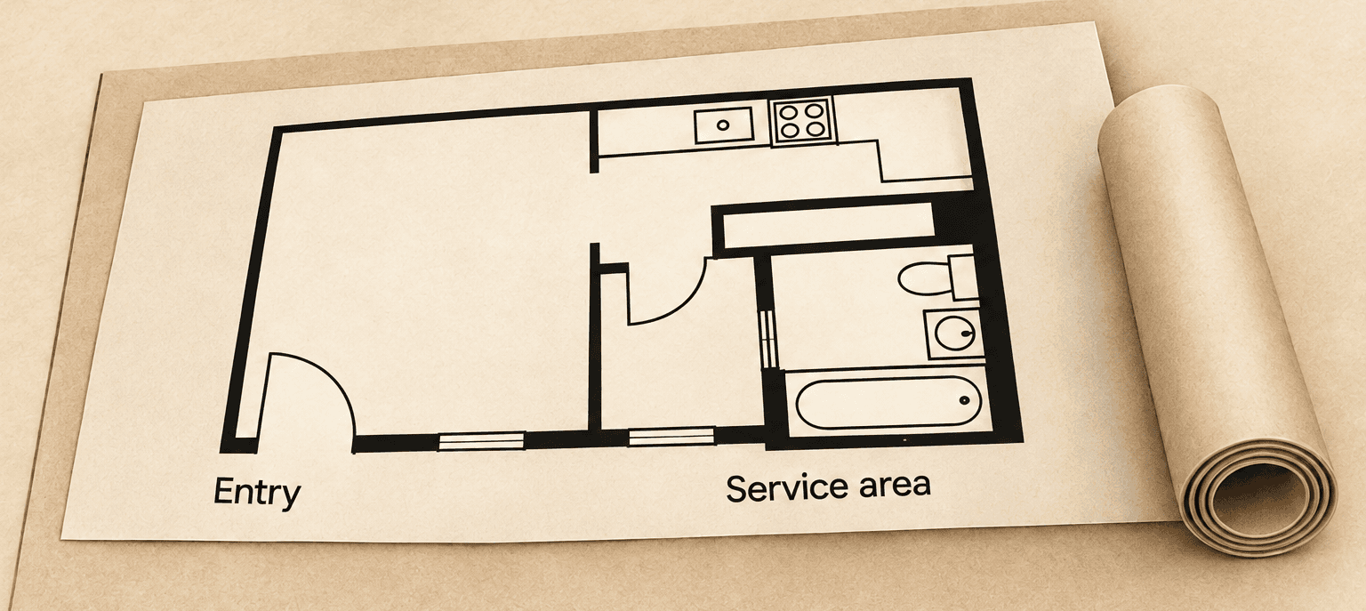 Rolled property plan showing the entry and service area