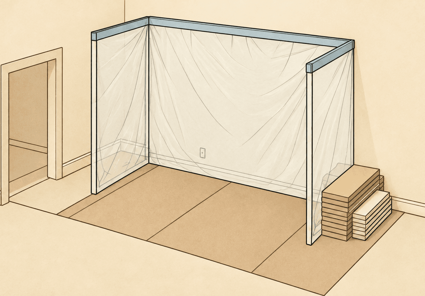 Illustrated room protected with sheeting before repair work