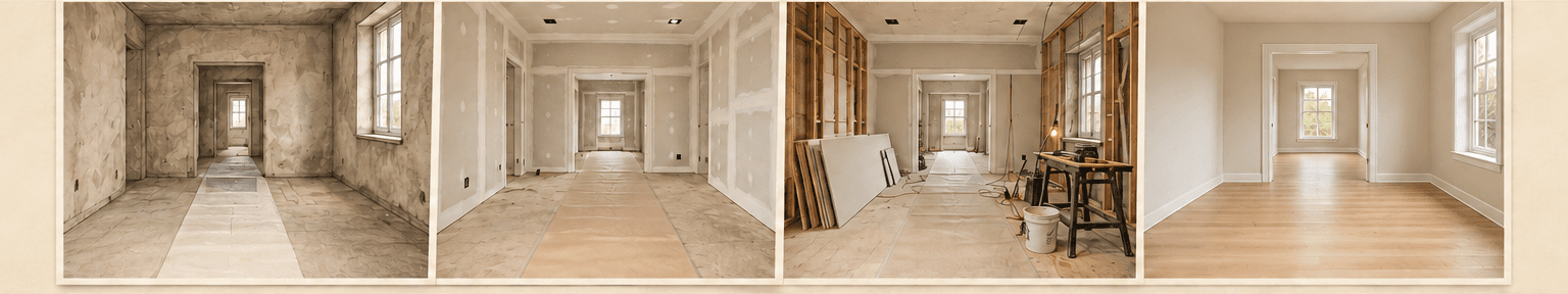Four-stage property sequence showing the starting point, protected room, work in progress and finished result