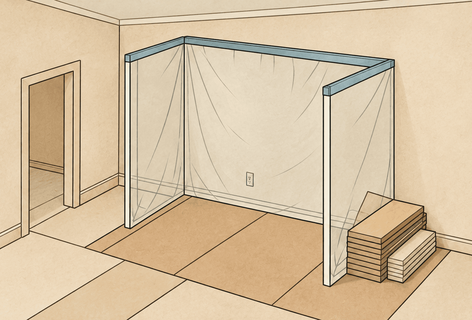 Illustration of an interior work area enclosed with protective sheeting