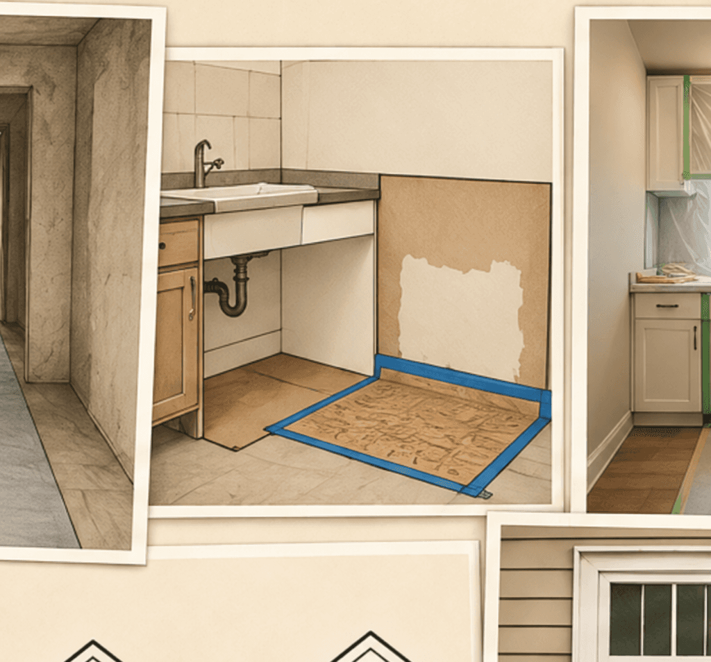 Kitchen work area protected before repair and finishing