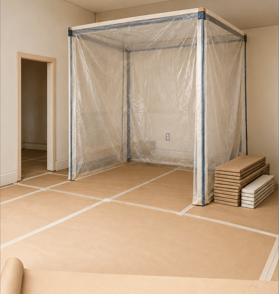 Protected room with a taped enclosure around the work area