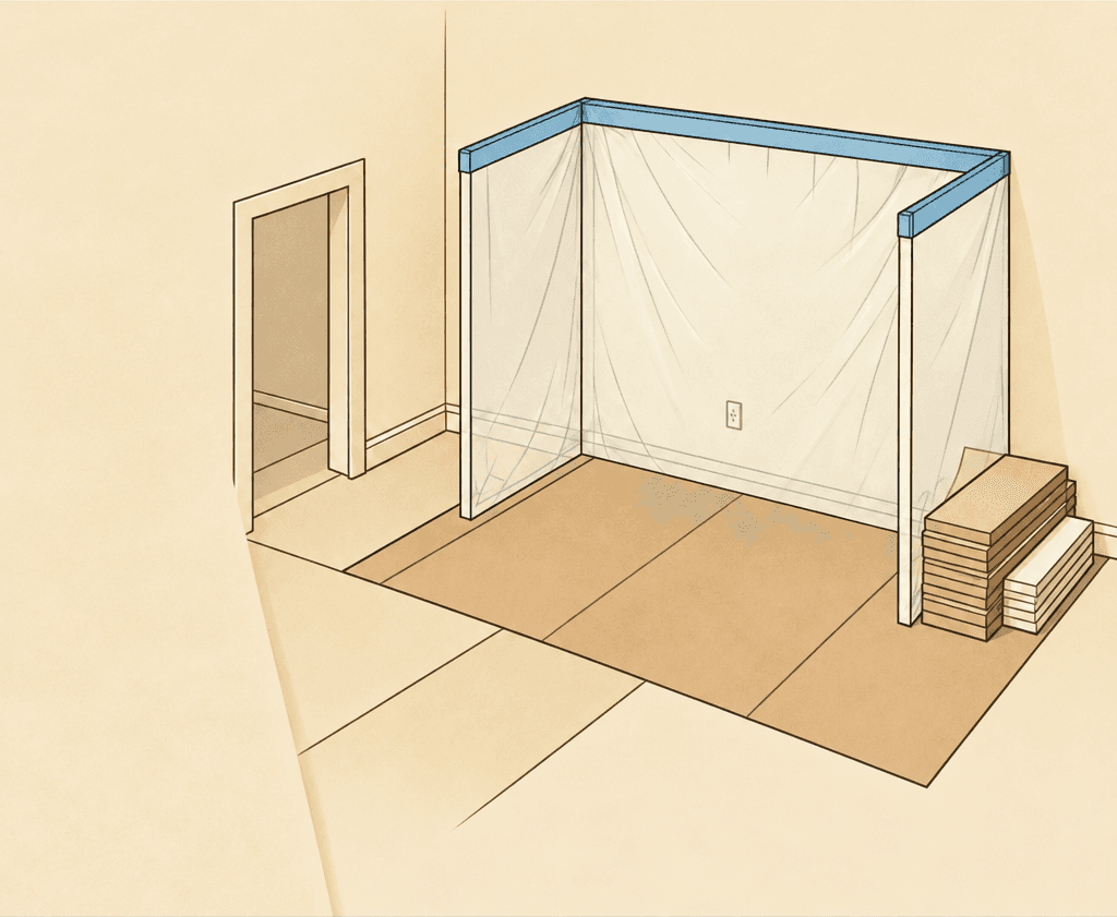 Illustrated protected room with repair materials and defined work areas