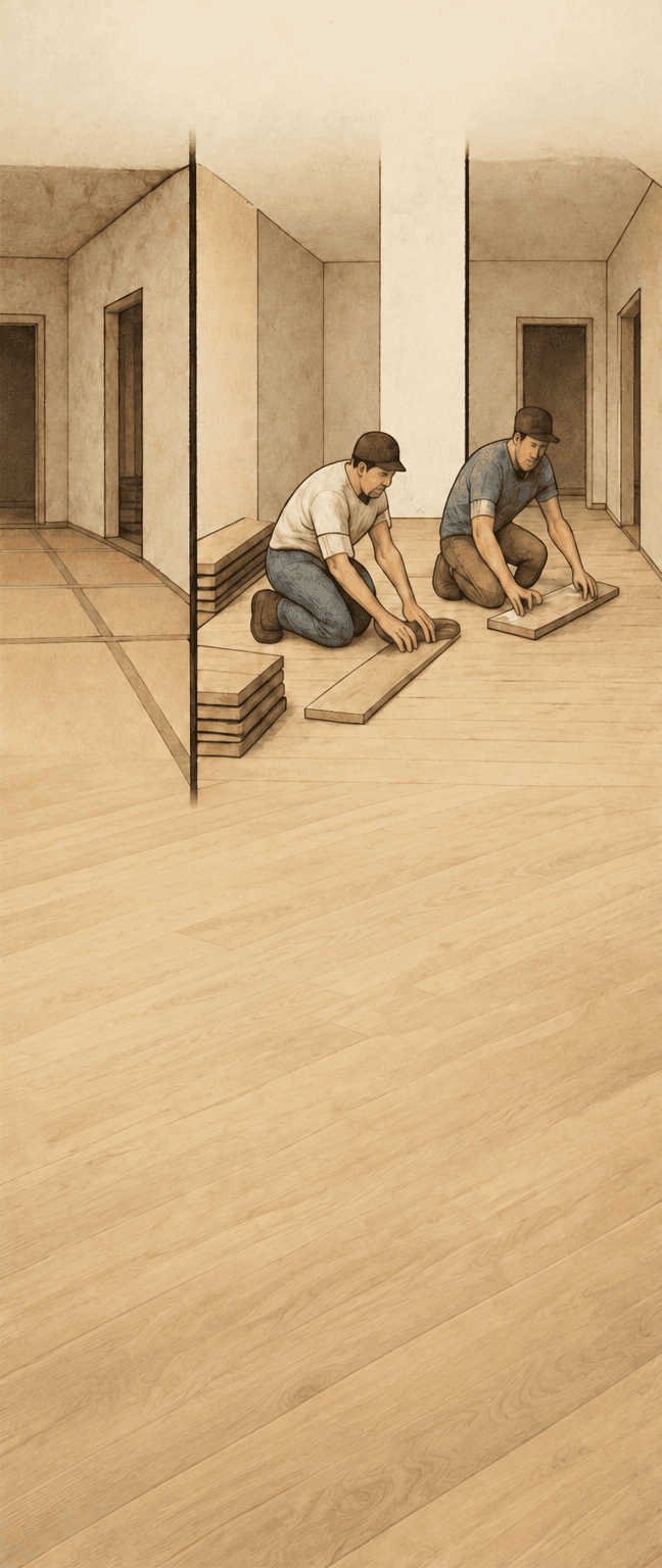 Illustrated workers fitting boards in a home repair project