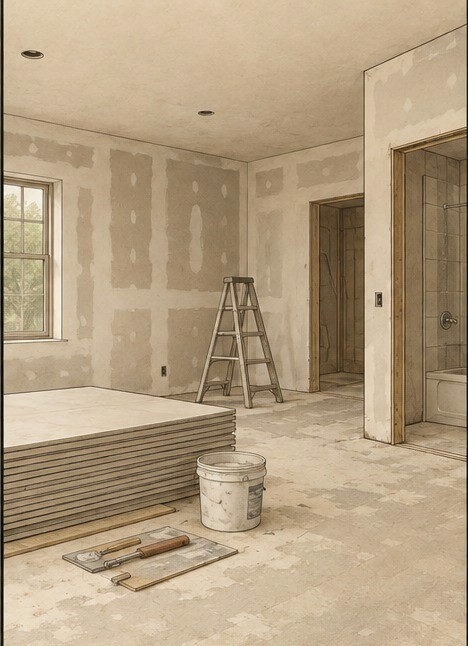 Interior room being prepared for repairs with wallboard and tools nearby