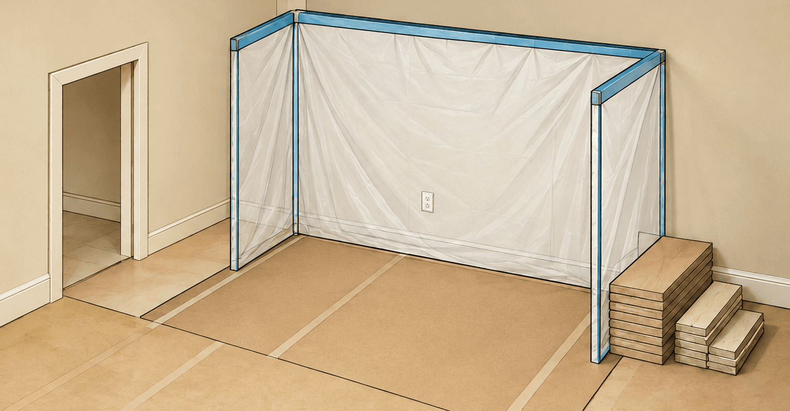Room protected with floor covering and a taped enclosure around the work area