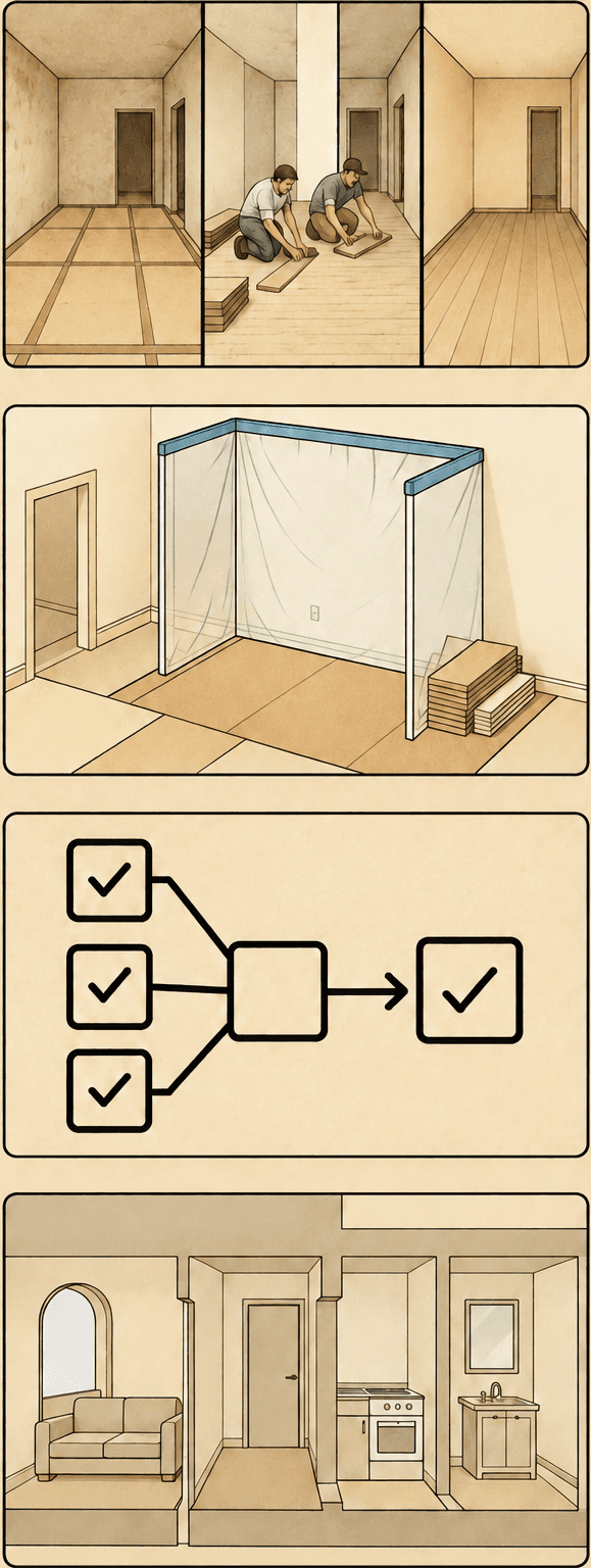 Vertical illustrated sequence of project evidence stages