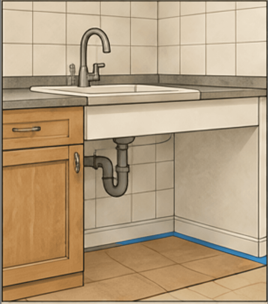 Kitchen cabinet and sink repair area