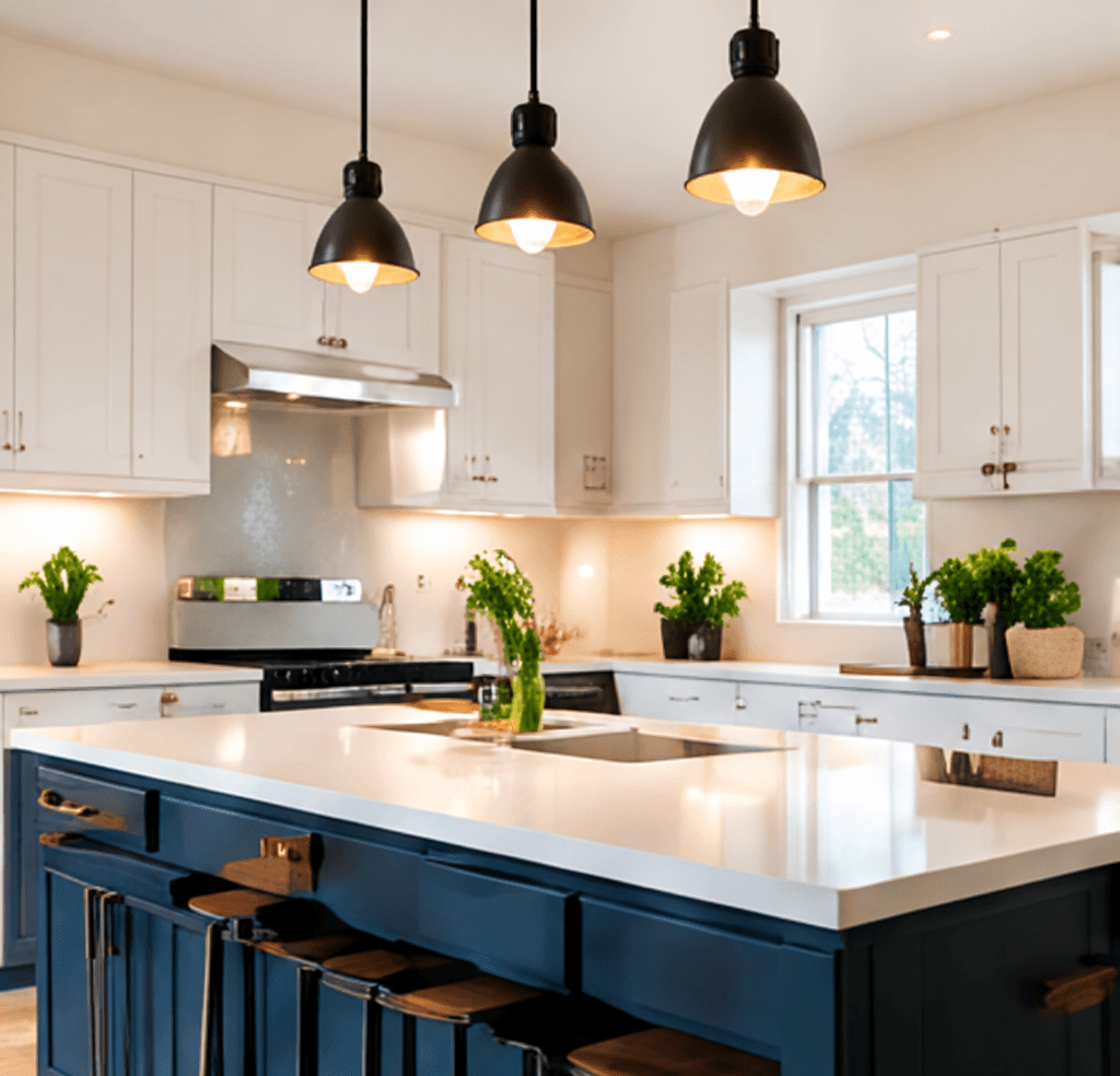 Finished kitchen with white cabinets, pendant lights and a dark island