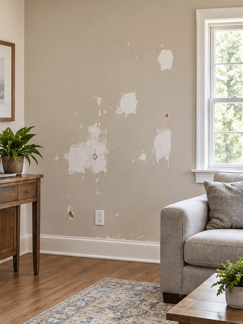 Room walls with patched and damaged surfaces before repair