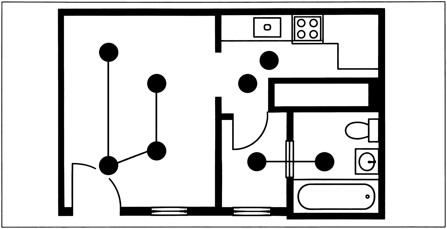 Illustrated floor plan showing a coordinated repair path