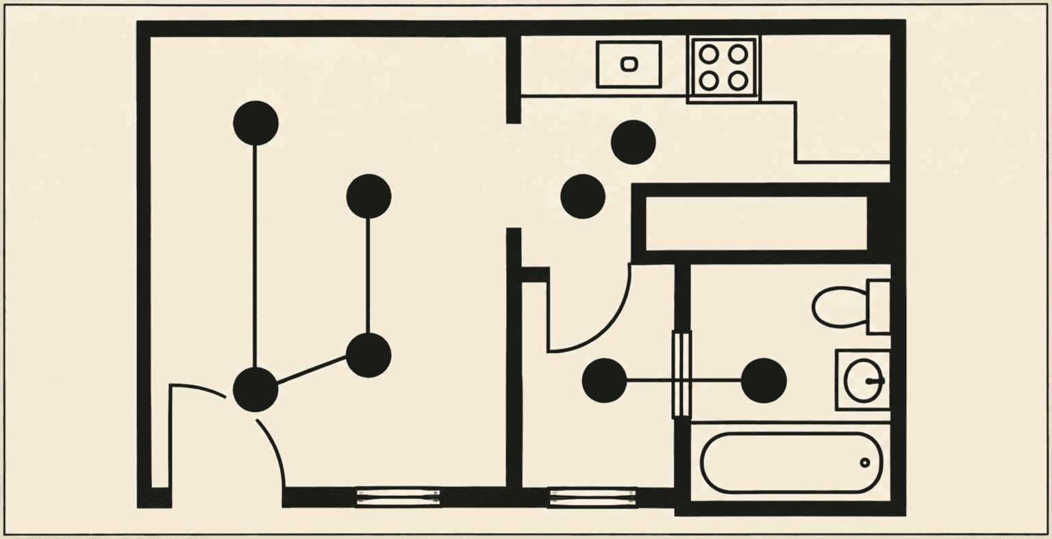 Illustrated floor plan showing a coordinated repair path