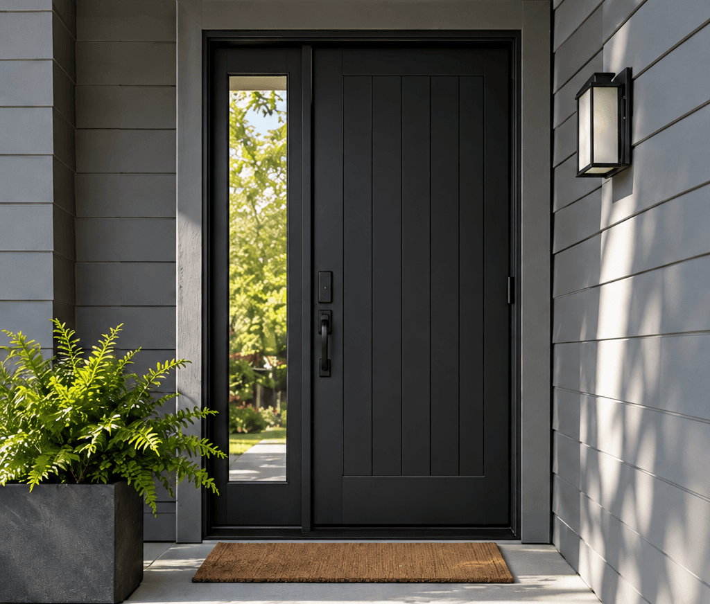 Dark front door with an exterior light and grey siding