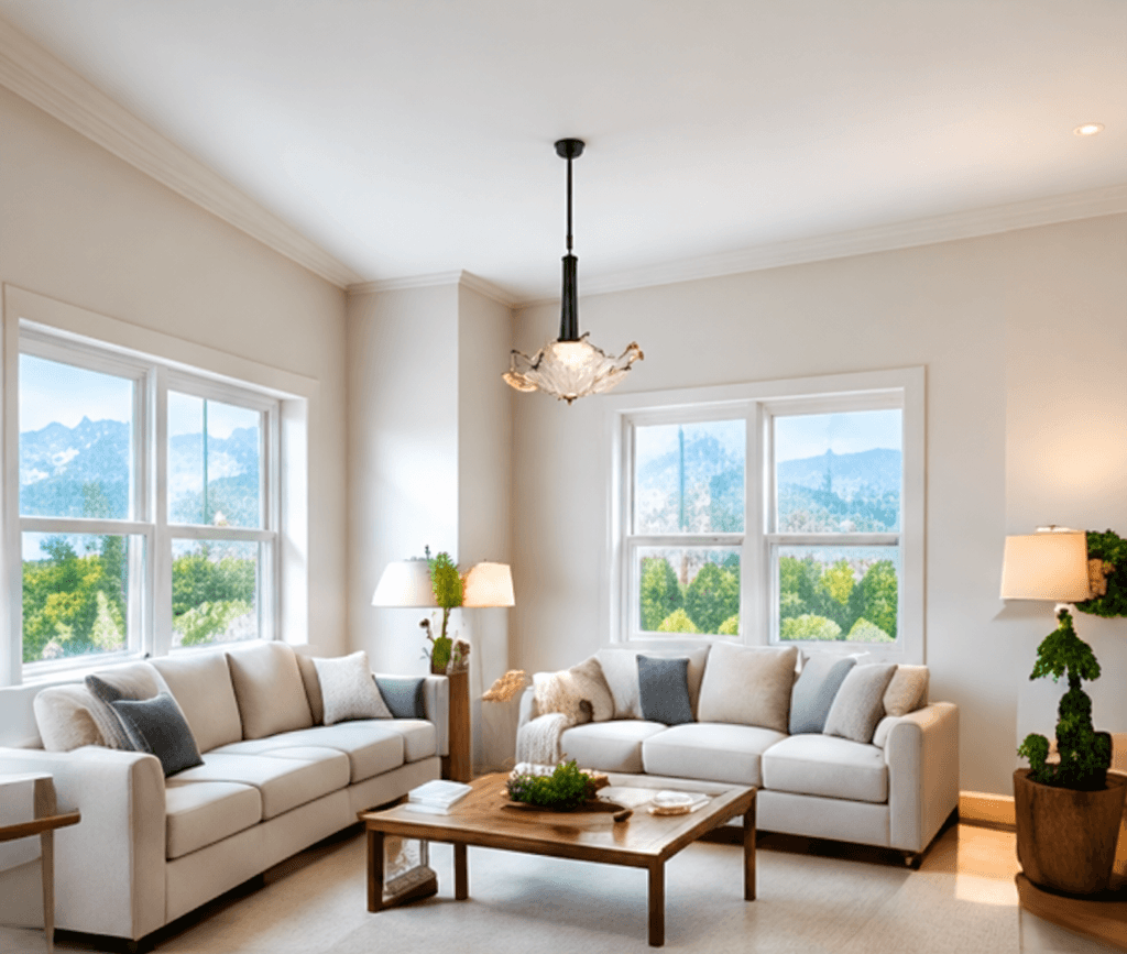 Bright finished living room with a high ceiling and large windows