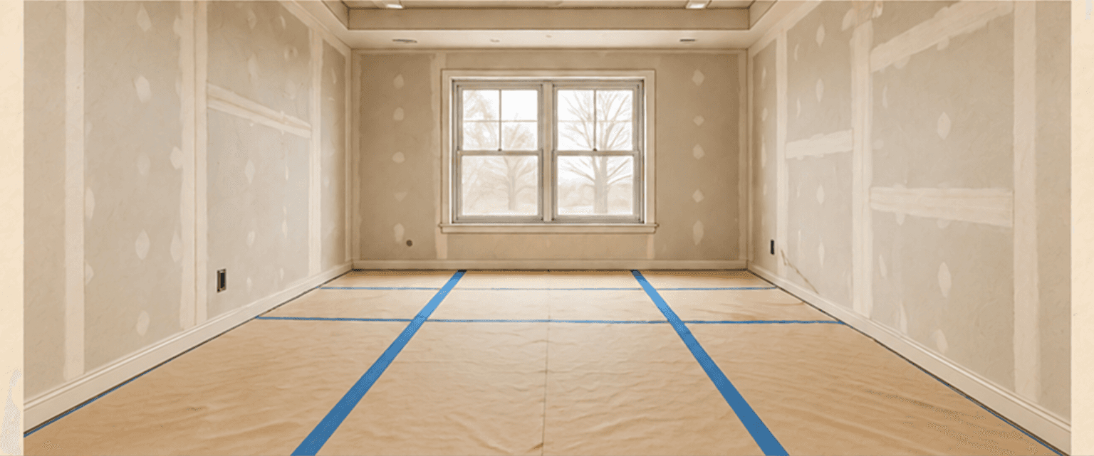 Room with unfinished walls and a protected floor