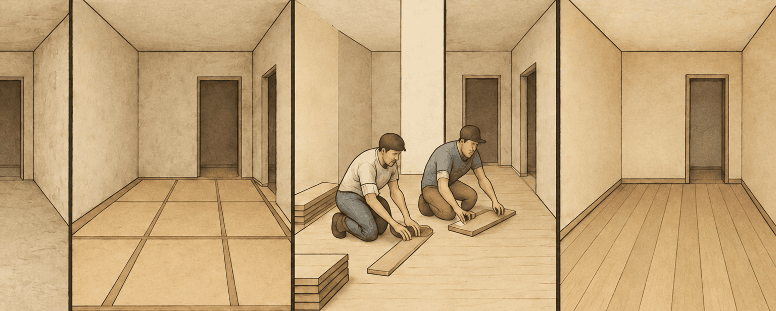 Illustrated workers installing flooring during a room repair