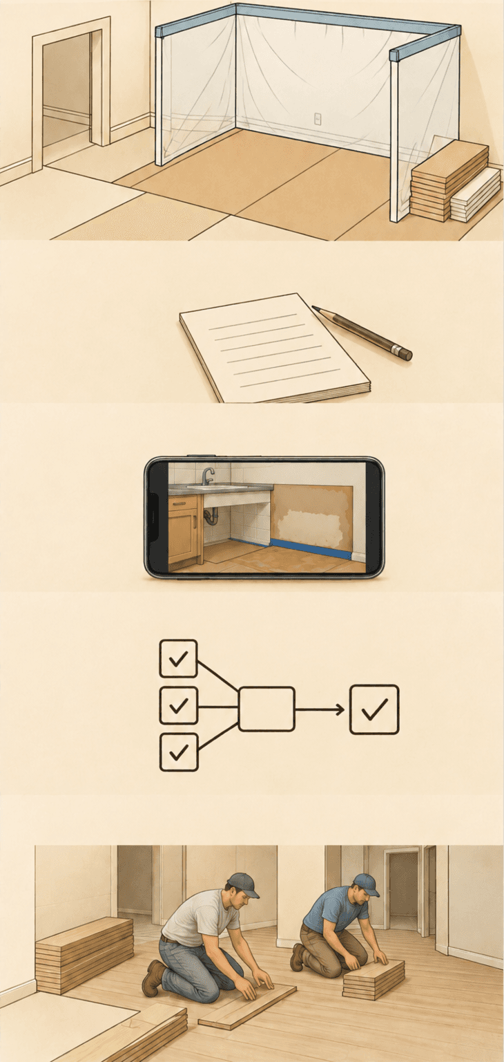 Illustrated sequence for sharing a list, adding photos, assessing work and completing the agreed scope