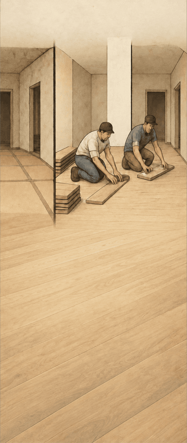 Illustrated flooring work in progress inside a room