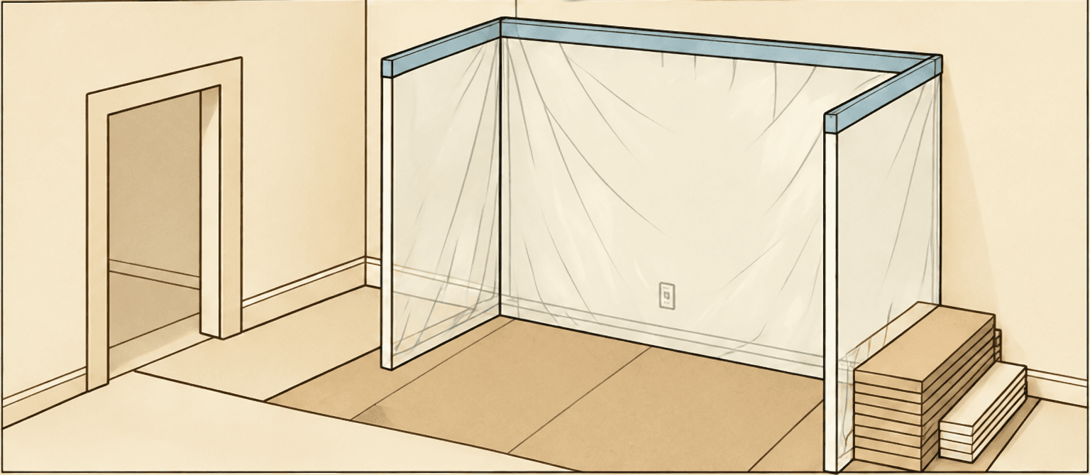 Illustration of a room protected with sheeting before repair work