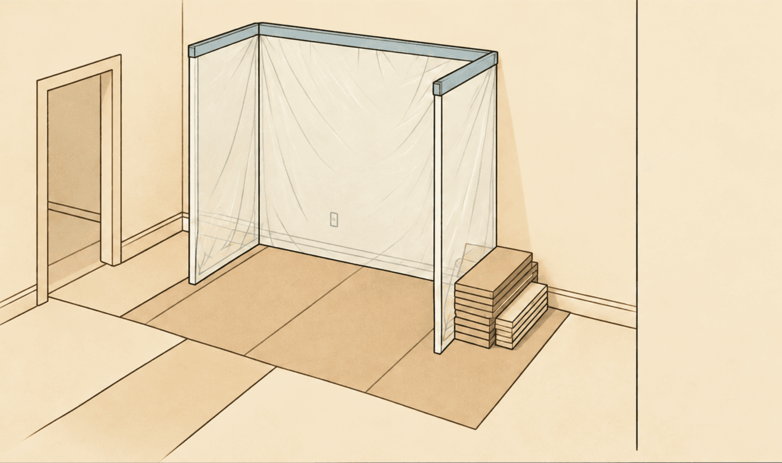 Wide illustration of a room protected before construction work