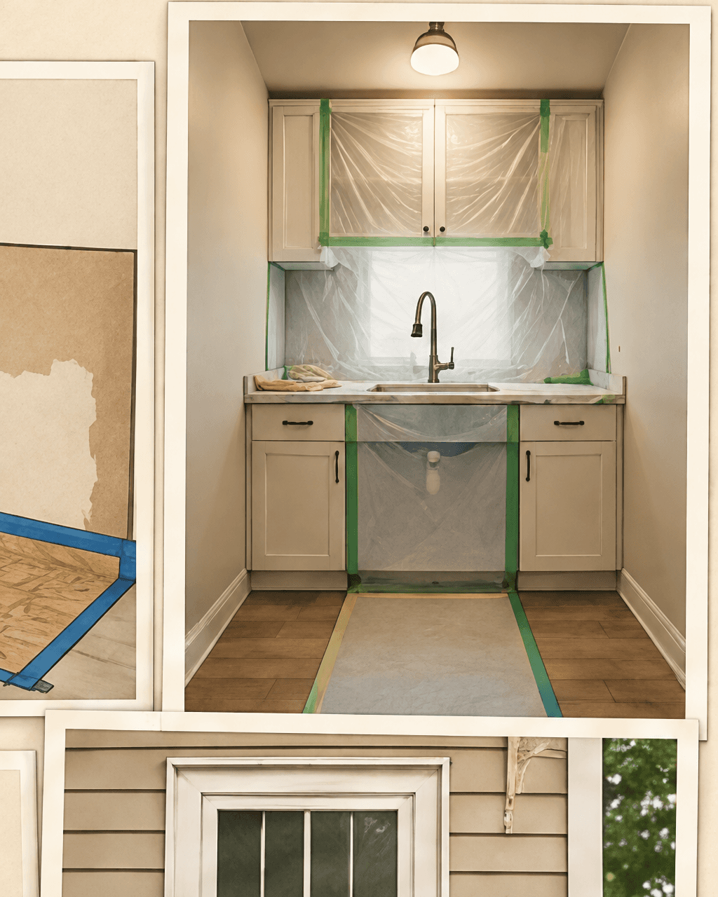 Room with protected floor and walls during rehabilitation work