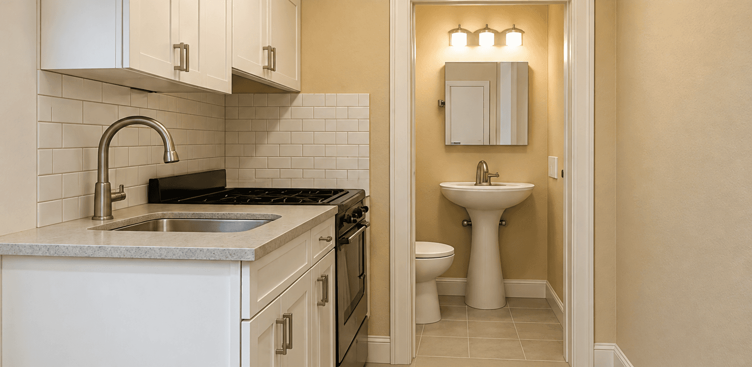 Kitchen and bathroom areas included in a repair list