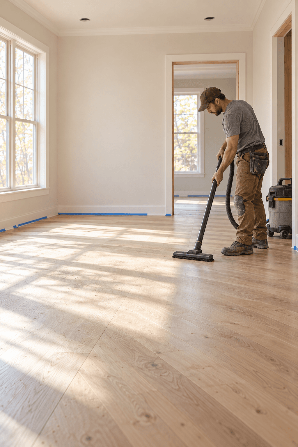 Worker cleaning a floor during property turnover work