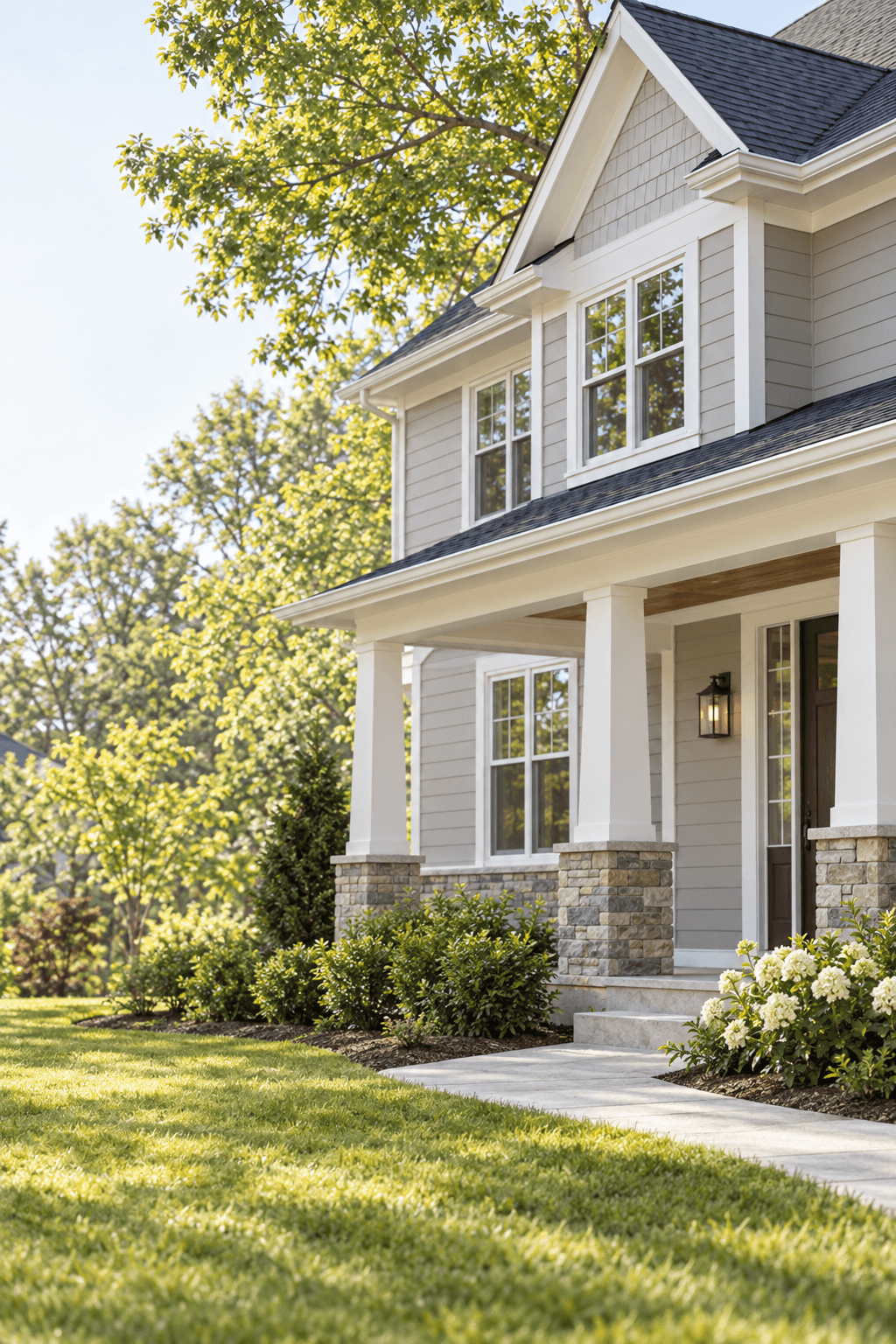 Updated home exterior with siding, windows and an entry door