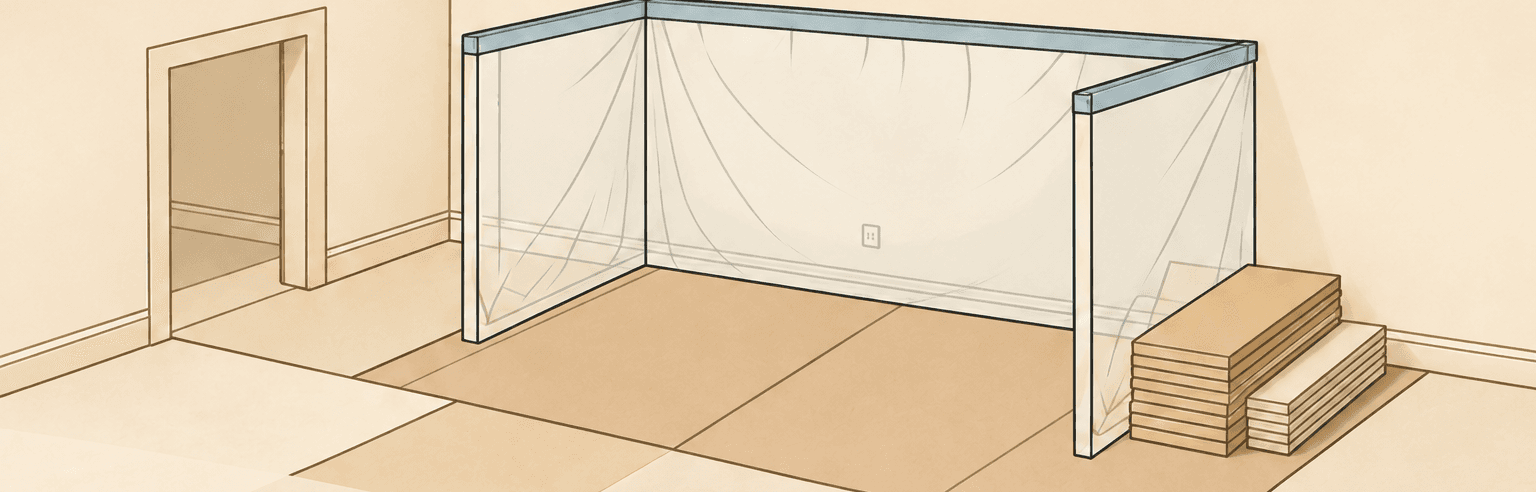 Illustrated room showing the visible condition before repair