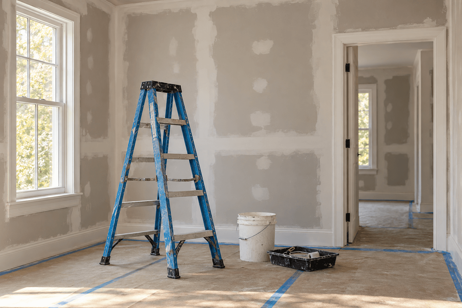 Room under repair with unfinished walls, a ladder and protected flooring