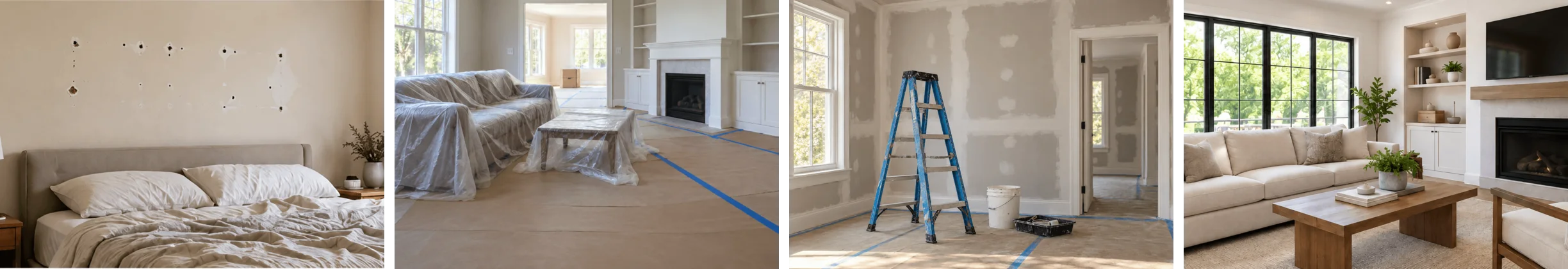 Four project photos: a bedroom wall with holes before repair, a room with its floor and furniture covered for work, new drywall with a stepladder partway through, and a finished living room